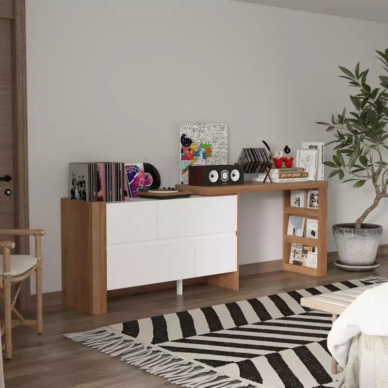 Toeletta Trucco Estensibile e Girevole con Cassetti e Scaffali, Marrone e Bianco, MDF