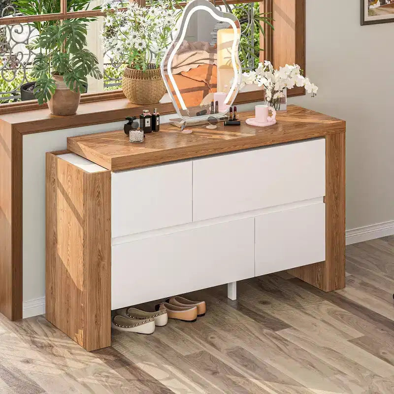 Toeletta Trucco Estensibile e Girevole con Cassetti e Scaffali, Marrone e Bianco, MDF