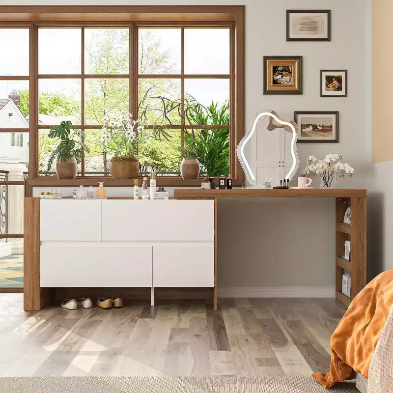 Toeletta Trucco Estensibile e Girevole con Cassetti e Scaffali, Marrone e Bianco, MDF