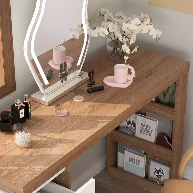 Toeletta Trucco Estensibile e Girevole con Cassetti e Scaffali, Marrone e Bianco, MDF