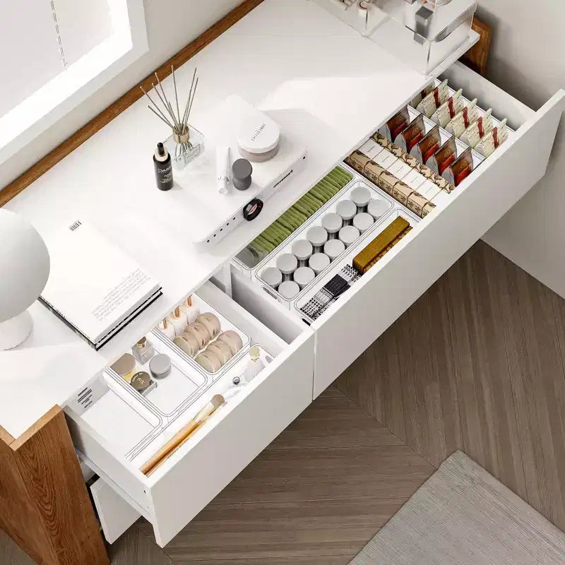 Toeletta Trucco Estensibile e Girevole con Cassetti e Scaffali, Marrone e Bianco, MDF