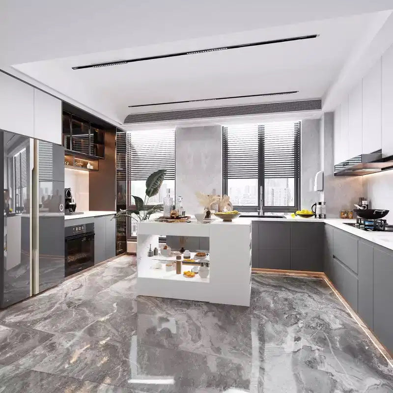 Isola da cucina bianca con 8 cassetti in vetro e piano in vetro temperato, 119 cm L x 80 cm H