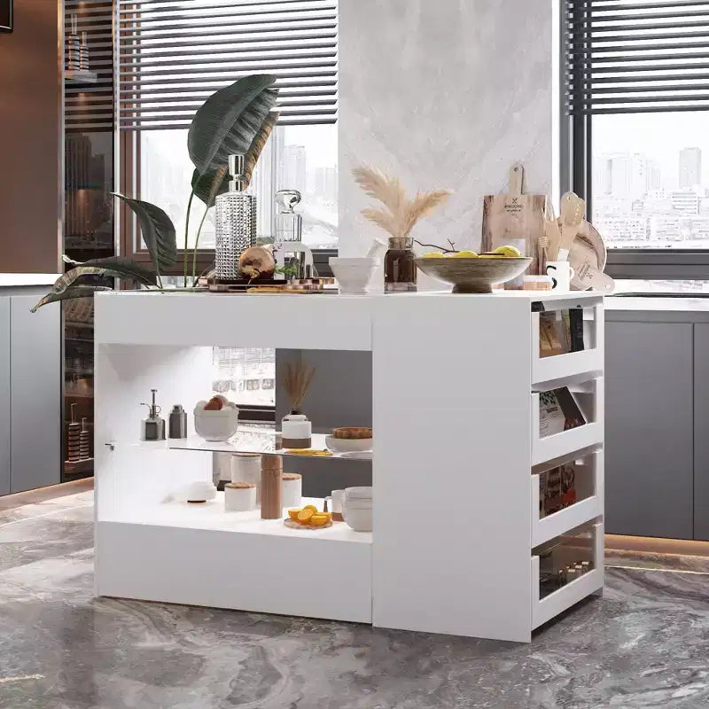 Isola da cucina bianca con 8 cassetti in vetro e piano in vetro temperato, 119 cm L x 80 cm H