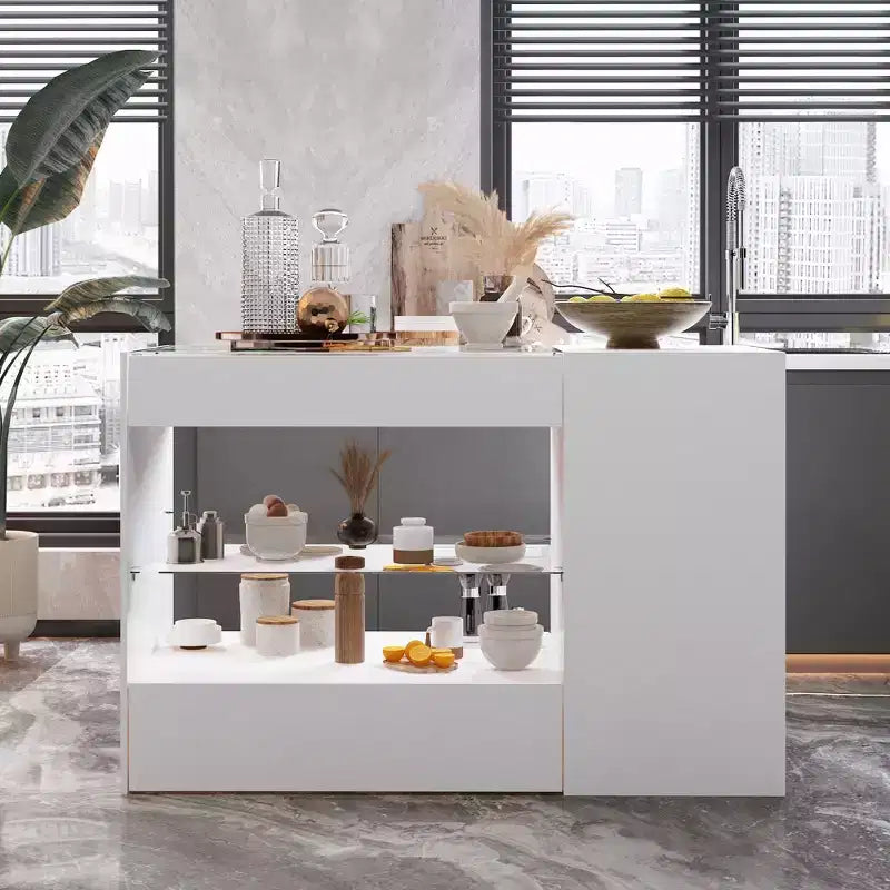 Isola da cucina bianca con 8 cassetti in vetro e piano in vetro temperato, 119 cm L x 80 cm H