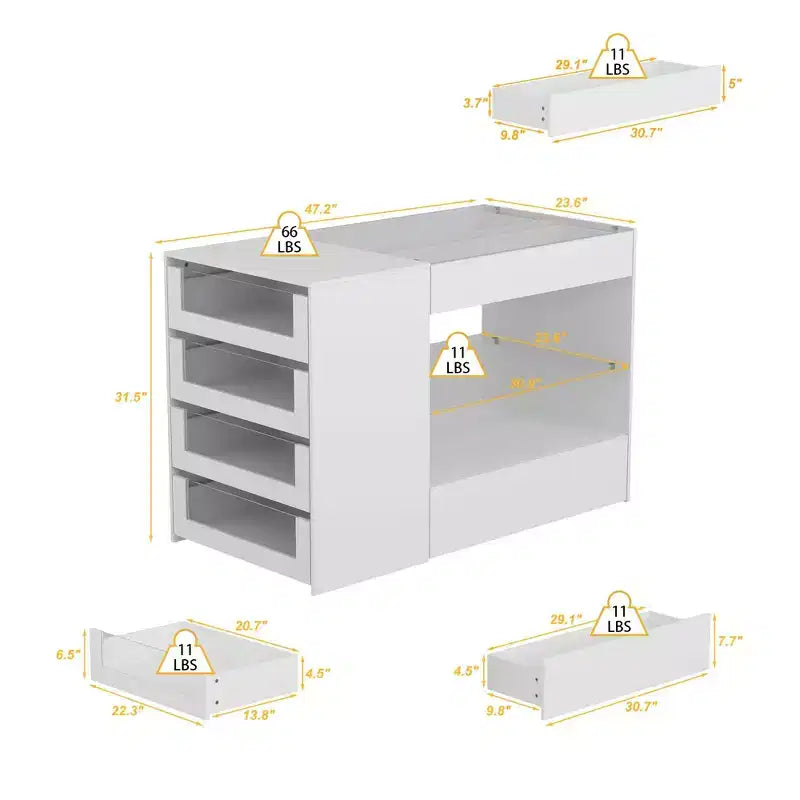 Isola da cucina bianca con 8 cassetti in vetro e piano in vetro temperato, 119 cm L x 80 cm H