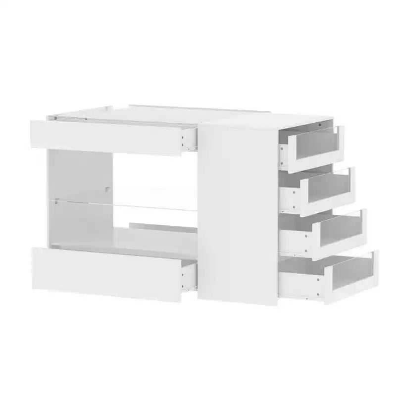 Isola da cucina bianca con 8 cassetti in vetro e piano in vetro temperato, 119 cm L x 80 cm H