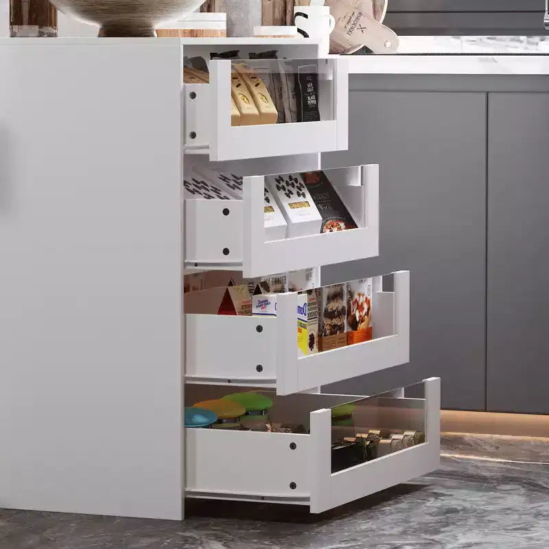 Isola da cucina bianca con 8 cassetti in vetro e piano in vetro temperato, 119 cm L x 80 cm H