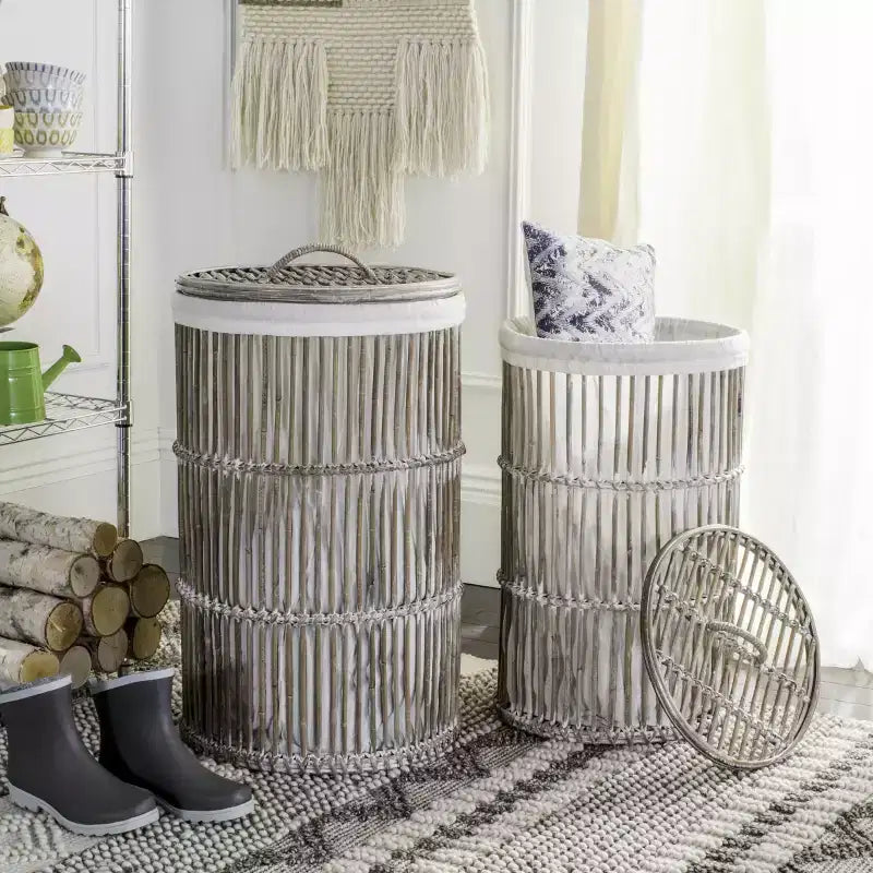 Cesto Portabiancheria in Rattan con Fodera Rimovibile e Coperchio Richiudibile, Lavaggio Bianco, Set da 2