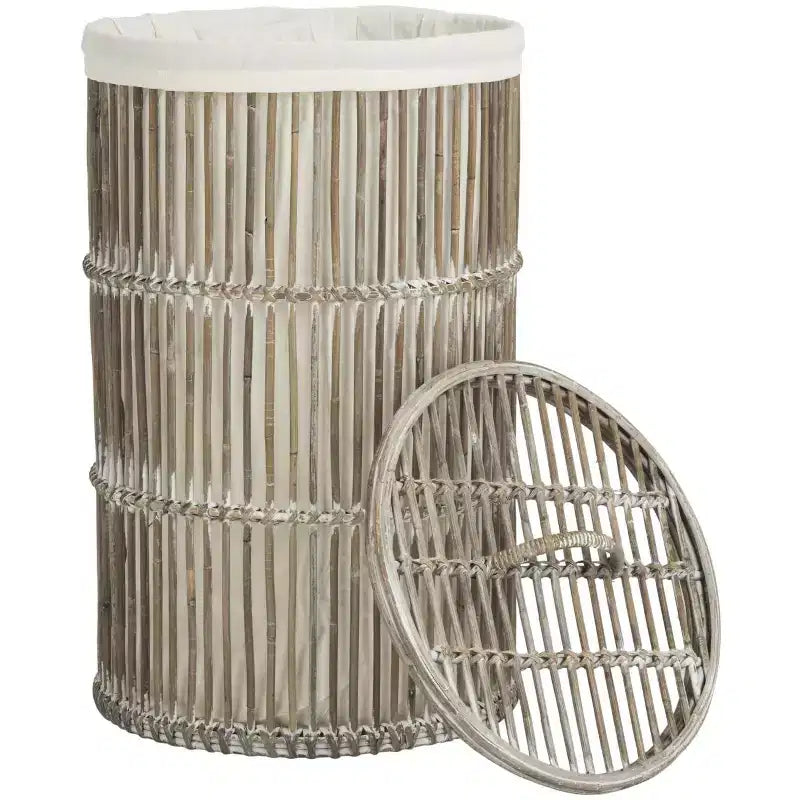 Cesto Portabiancheria in Rattan con Fodera Rimovibile e Coperchio Richiudibile, Lavaggio Bianco, Set da 2