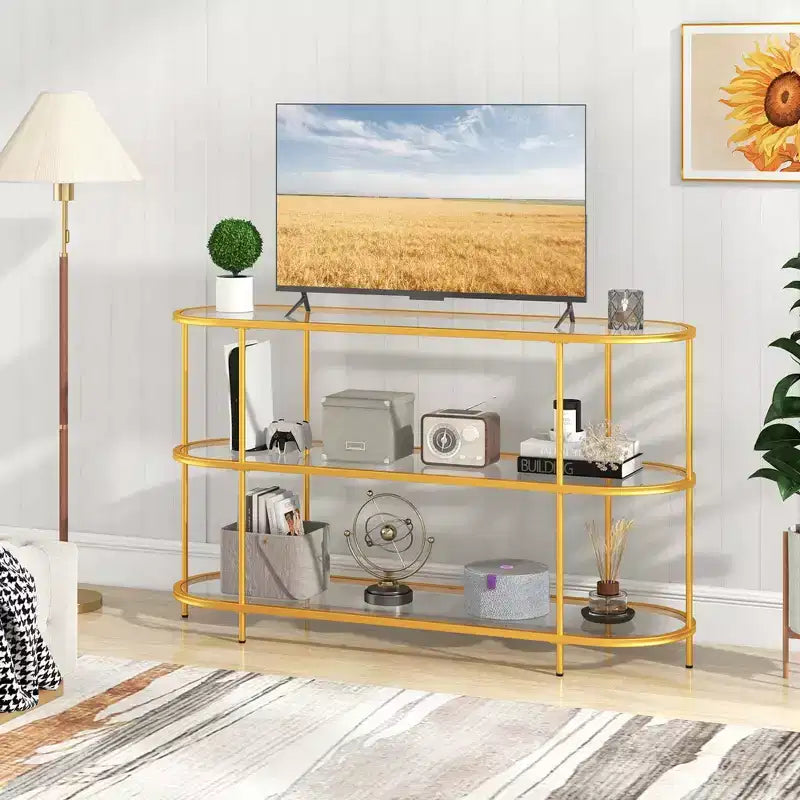 Mobile TV a 3 ripiani in vetro temperato da 55" per TV fino a 65", struttura in metallo, finitura oro